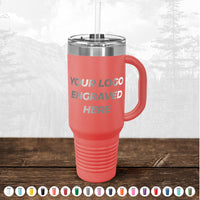 Kodiak Coolers' BLACK FRIDAY SALE - Custom Drinkware comes engraved with your logo (no setup fee, 1 side included). Shown: coral insulated tumbler with handle and clear lid. Multiple color options—ideal promotional gift for any occasion.
