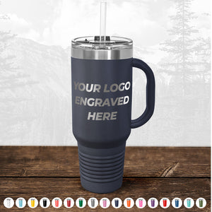 Navy blue Kodiak Coolers tumbler with handle and straw, featuring your custom logo engraved on front. Pairs perfectly with our engraved can holders. 4th of July SALE, $200 minimum order. Multiple color options available below.