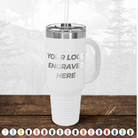 Kodiak Coolers Custom 40 oz Travel Tumbler with built-in handle, clear lid, and straw. Engrave your logo! Great as a promotional gift. Black Friday Sale Volume Pricing—limited time. Various color options shown below.