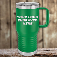 The Kodiak Coolers THROWBACK THURSDAY Custom Tumbler features a green design, silver lid, handle, and laser-engraved logo—perfect for bulk orders—shown on a wooden background. No setup fees.
