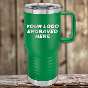 A Kodiak Coolers green travel mug with handle and silver lid, engraved with your logo. “Xmas in July SALE” on custom drinkware—front logo included with $200 minimum order. Ideal for promotional gifts or personal use.