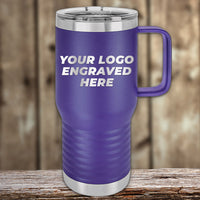 The Kodiak Coolers THROWBACK THURSDAY custom purple tumbler features a handle, silver lid and base, and “YOUR LOGO ENGRAVED HERE”—laser etched for promo gifts. No setup fees! Limited time offer. Photographed on a wooden background.