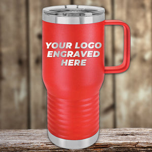 Red Kodiak Coolers custom travel tumblers 20 oz with your logo or design engraved and insulated stainless steel, displayed on a wooden surface against a blurred background.