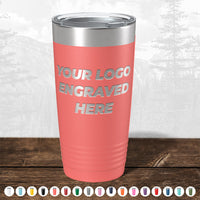 Kodiak Coolers' SALE custom tumblers have a laser-etched "Your Logo Engraved Here" design, beautifully displayed outdoors against a forest backdrop. Ideal as corporate gifts, these tumblers are available in various colors with no setup fees. Limited time offer.