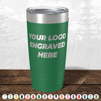 Kodiak Coolers' Custom Tumblers in green, shown with "YOUR LOGO ENGRAVED HERE" on the front, are ideal for personalized or promotional gifts. No setup fees and $200 minimal order. Multiple color options available.