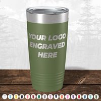Kodiak Coolers Custom Tumbler: Matte green with metallic lid, engraved with your logo or design. No setup fees, $200 minimum order. Ideal for promos or personalized mugs; various colors shown along the bottom edge.