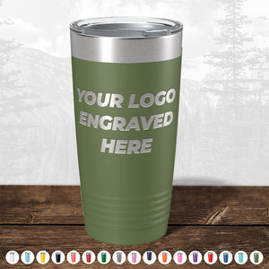 Kodiak Coolers Custom Tumbler: Matte green with metallic lid, engraved with your logo or design. No setup fees, $200 minimum order. Ideal for promos or personalized mugs; various colors shown along the bottom edge.