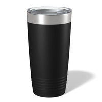A Kodiak Coolers Custom 20 oz black stainless steel tumbler with a clear lid is laser engraved for uniqueness, standing against a plain white background.