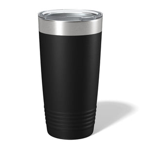 A Kodiak Coolers Custom 20 oz black stainless steel tumbler with a clear lid is laser engraved for uniqueness, standing against a plain white background.