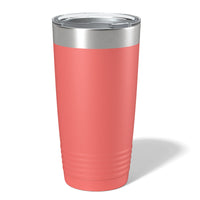 A coral Custom 20 oz Tumbler by Kodiak Coolers, featuring a laser-engraved design and a silver lid, is displayed on a white background.