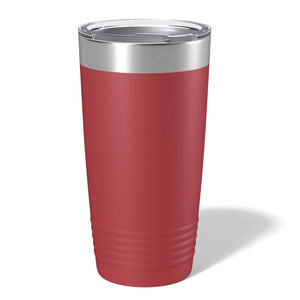 The Custom 20 oz Tumblers by Kodiak Coolers feature a red insulated design with a metallic lid and ribbed base, shown upright against a white background—ideal for those wanting personalized laser-engraved tumblers.