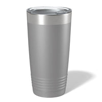 A Kodiak Coolers Custom 20 oz Tumbler, with a matte silver finish and textured grip, stands upright on a white background. It features a clear lid and sleek design, perfect for laser engraved logos or designs, blending style with personalization.