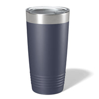 Standing upright on a white background, the sleek dark gray Kodiak Coolers 20 oz travel tumbler with a silver lid can be yours through our laser engraving option for personalized designs.