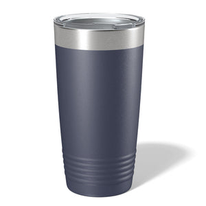 Standing upright on a white background, the sleek dark gray Kodiak Coolers 20 oz travel tumbler with a silver lid can be yours through our laser engraving option for personalized designs.