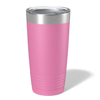 The Custom 20 oz Tumbler by Kodiak Coolers features a pink stainless steel body and silver lid, ideal for personalization. Its sleek design stands out on a white background, perfect for laser-engraved logos or custom designs, offering unique charm with no minimum order required.