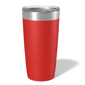 A Kodiak Coolers red tumbler with a stainless steel lid, ribbed bottom, and laser engraving sits upright on a white background.