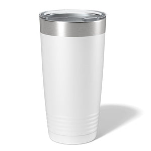 The Custom 20 oz Tumblers with Logo or Design by Kodiak Coolers, featuring a silver lid and ridged base, stand upright on a plain background, making them ideal for showcasing custom designs.
