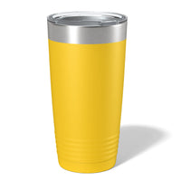 Green insulated tumbler with "your logo engraved here" on it, displayed on a wooden surface against a blurred forest background, perfect as a promotional gift from Kodiak Coolers - TODAY ONLY - Hump Day Sale - Your Logo Engraved on Drinkware - Single Side Engraving Included in Price - Slider Lids Included.