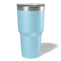 Kodiak Coolers' Custom 30 oz Tumblers feature a light blue body, stainless steel rim, and clear lid. They're laser engraved for personalization. Ideal for those seeking custom tumblers at wholesale rates.