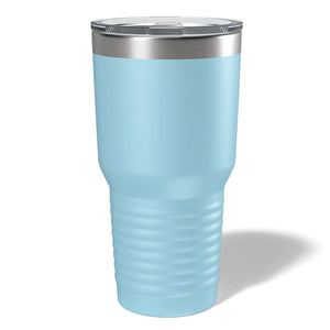 Kodiak Coolers' Custom 30 oz Tumblers feature a light blue body, stainless steel rim, and clear lid. They're laser engraved for personalization. Ideal for those seeking custom tumblers at wholesale rates.