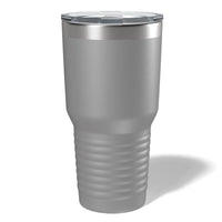 A large Kodiak Coolers silver insulated travel mug with a clear lid and textured grip stands upright against a white background. Its design is sleek with laser engraving for personalization, ideal for Custom 30 oz Tumblers at wholesale pricing.