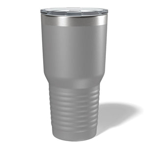 A large Kodiak Coolers silver insulated travel mug with a clear lid and textured grip stands upright against a white background. Its design is sleek with laser engraving for personalization, ideal for Custom 30 oz Tumblers at wholesale pricing.