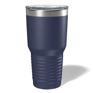 A navy blue Kodiak Coolers travel tumbler, featuring a ridged base and silver rim, stands upright with a clear lid against a white background, showcasing a laser engraved design.