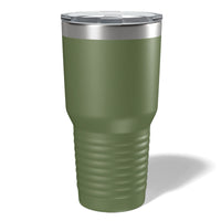 A Custom 30 oz Tumbler from Kodiak Coolers, featuring laser-engraved designs, stands tall in green with a stainless steel rim and clear plastic lid, casting a shadow on a white background.