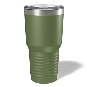 A Custom 30 oz Tumbler from Kodiak Coolers, featuring laser-engraved designs, stands tall in green with a stainless steel rim and clear plastic lid, casting a shadow on a white background.