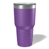 A purple 30 oz insulated tumbler with a ribbed base and silver-tone rim, topped with a clear lid, is available for customization and wholesale pricing from Kodiak Coolers.