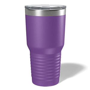 A purple 30 oz insulated tumbler with a ribbed base and silver-tone rim, topped with a clear lid, is available for customization and wholesale pricing from Kodiak Coolers.