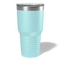 A tall, light blue Kodiak Coolers custom 30 oz tumbler with a stainless steel rim and transparent lid sits elegantly on a white background, casting a shadow. Perfect for laser engraving, it's ideal for personalized drinkware at volume pricing.