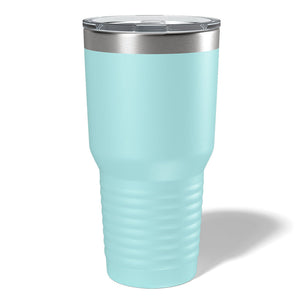 A tall, light blue Kodiak Coolers custom 30 oz tumbler with a stainless steel rim and transparent lid sits elegantly on a white background, casting a shadow. Perfect for laser engraving, it's ideal for personalized drinkware at volume pricing.