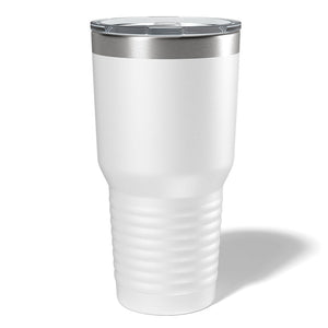 Kodiak Coolers' Custom 30 oz Tumblers feature a large white stainless steel design with a clear lid and grooved lower half, creating an ideal canvas for your laser-engraved logo or design.