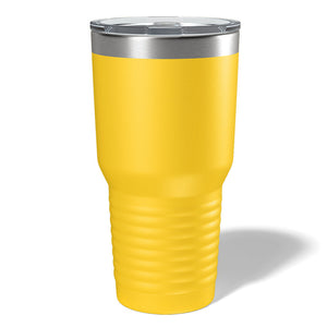 A Kodiak Coolers Custom 30 oz tumbler with laser engraved details, featuring a bright yellow finish, clear lid, and contoured design for grip, stands on a white background.