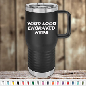 A Kodiak Coolers THROWBACK THURSDAY custom tumbler with a handle and silver trim sits on wood, featuring your laser-etched logo. Available in multiple colors—ideal for promotional orders or wholesale, with no setup fees.