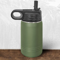 A Kodiak Coolers 12 oz water bottle with flip top straw and carrying handle, featuring a laser-engraved Wisconsin Luxemburg Casco Spartans design, is perfect for fans seeking quality school drinkware.