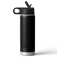 The Custom 20 oz Insulated Stainless Steel Water Bottle by Kodiak Coolers, featuring a textured lid, flip straw, and loop handle, stands upright against a white background, ideal for custom logo laser engraving as personalized corporate merchandise.