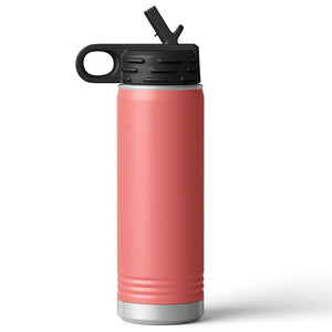 The Kodiak Coolers Custom 20 oz pink insulated stainless steel water bottle features a black screw-on lid, flip-up straw, and handle. Ideal for personalized corporate merchandise, it allows custom logo laser engraving for enhanced branding.