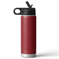 A 20 oz red insulated stainless steel water bottle from Kodiak Coolers, featuring a black screw-on lid and built-in straw, is set against a white background. Ideal for custom laser-engraved logos, it's perfect for personalized corporate merchandise with no minimum order required.