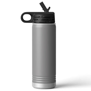 The Kodiak Coolers Custom 20 oz Water Bottle is gray stainless steel with a black lid, loop handle, and flip-up straw. It's ideal for personalized corporate merchandise or showcasing a custom laser-engraved logo.