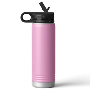 A Kodiak Coolers Custom 20 oz pink insulated stainless steel water bottle with black lid, handle, and straw on a white background, ideal for corporate merchandise with your logo laser engraved.