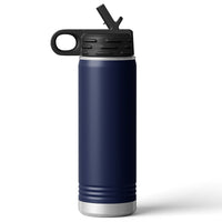A Kodiak Coolers Custom 20 oz insulated water bottle features a dark blue stainless steel design with a black plastic lid and loop handle, ideal for personalized corporate merchandise.