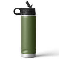 The Kodiak Coolers Custom 20 oz Water Bottle, featuring a green insulated stainless steel design and black lid with carrying handle, is ideal for on-the-go use. Perfect as corporate merchandise, it supports custom logo laser engraving for a personalized touch.