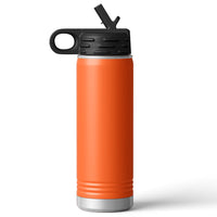 The Kodiak Coolers Custom 20 oz Water Bottle features an orange insulated stainless steel design, a black lid with loop handle and flip straw. Perfect for corporate merchandise, your custom logo can be laser engraved for a standout look that keeps your brand front and center.