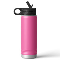 The Kodiak Coolers Custom 20 oz Water Bottle, with a black lid, integrated handle, and flip-up straw, is perfect for corporate merchandise. Laser engrave your logo for a unique touch using the Live Designer—no minimum order required plus volume pricing available.
