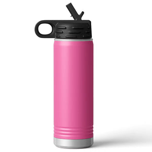 The Kodiak Coolers Custom 20 oz Water Bottle, with a black lid, integrated handle, and flip-up straw, is perfect for corporate merchandise. Laser engrave your logo for a unique touch using the Live Designer—no minimum order required plus volume pricing available.