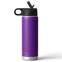 The Custom 20 oz Water Bottle from Kodiak Coolers features a purple insulated stainless steel design with a black flip-top lid and carrying handle, ideal for corporate branding with your logo laser engraved.