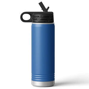 The Kodiak Coolers Custom 20 oz Water Bottle, featuring a sleek black lid and flip-up straw, is beautifully displayed on a white surface. This insulated stainless steel bottle can be laser engraved with your logo, perfect for personalized corporate gifts.