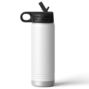The Kodiak Coolers custom 20 oz white insulated stainless steel water bottle features a black lid, loop handle, and drinking spout. Ideal for corporate gifts, it offers laser engraving for personalized logos, ensuring every sip is uniquely yours.